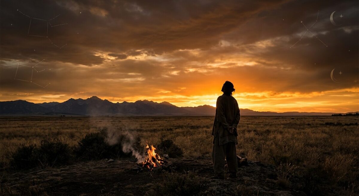 🌅 Amanecer o atardecer con cielo dorado + fuego simbólico 👉 Ejemplo visual Horizonte brillante Luz dorada intensa Silueta de una persona mirando el cielo o el fuego Elementos astrológicos sutiles
